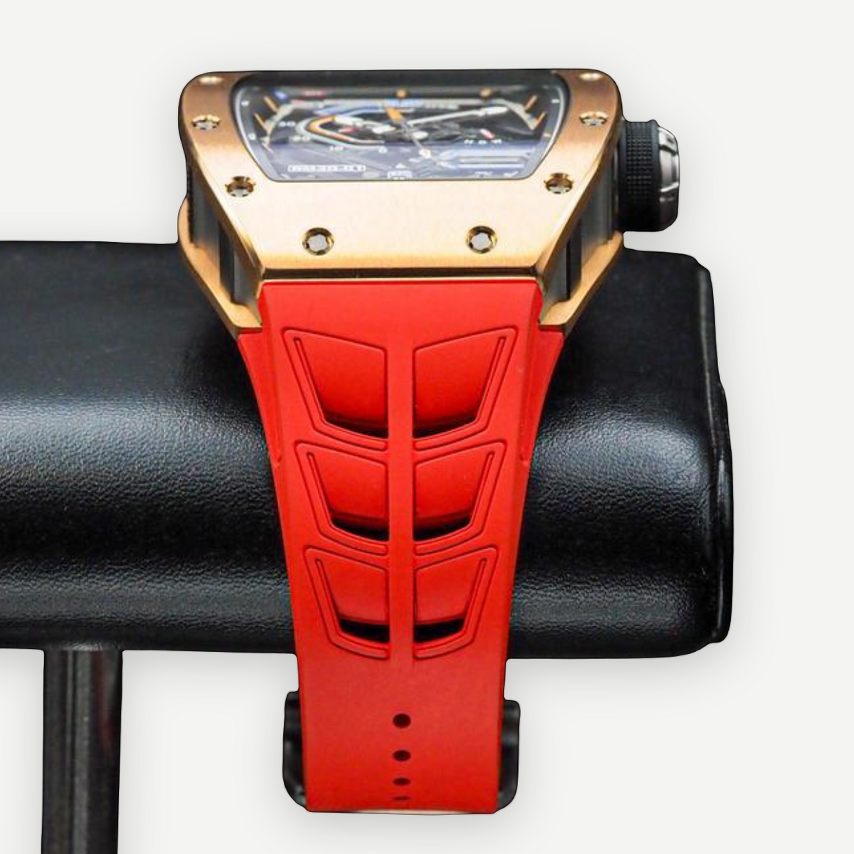 Richard Mille RM 30-01 watch, opposite case profile and red strap | Shop Authentique Lux