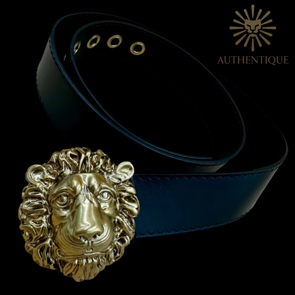 Gucci Lion Buckle, Black Leather Belt- Authentique Lux