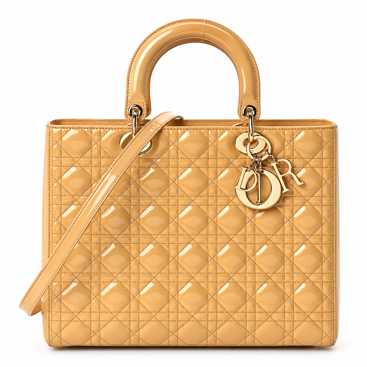 Dior Large Lady Dior, Beige Patent Cannage Leather, Gold-Tone Hardware | Shop Authentique Lux