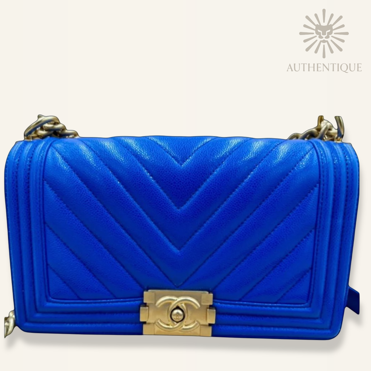 Chanel Medium Chevron Boy Bag blue 2024 spring gold hardware new condition 100% authentic I Authetique Lux