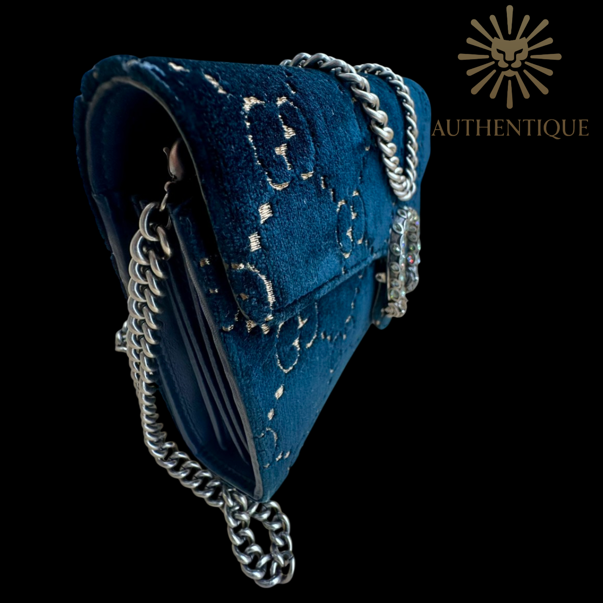 Side of Gucci Dionysus Mini Chain Wallet in Navy Blue Velvet Crystal GG – Available at Authentique Lux