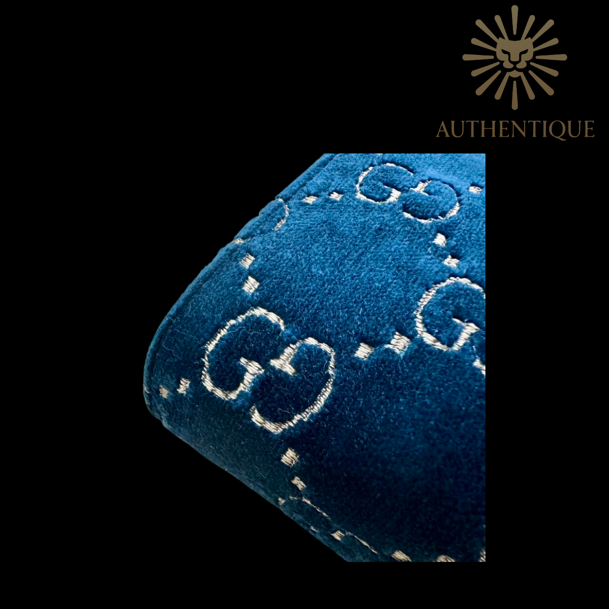 Corner of Gucci Dionysus Mini Chain Wallet in Navy Blue Velvet Crystal GG – Available at Authentique Lux