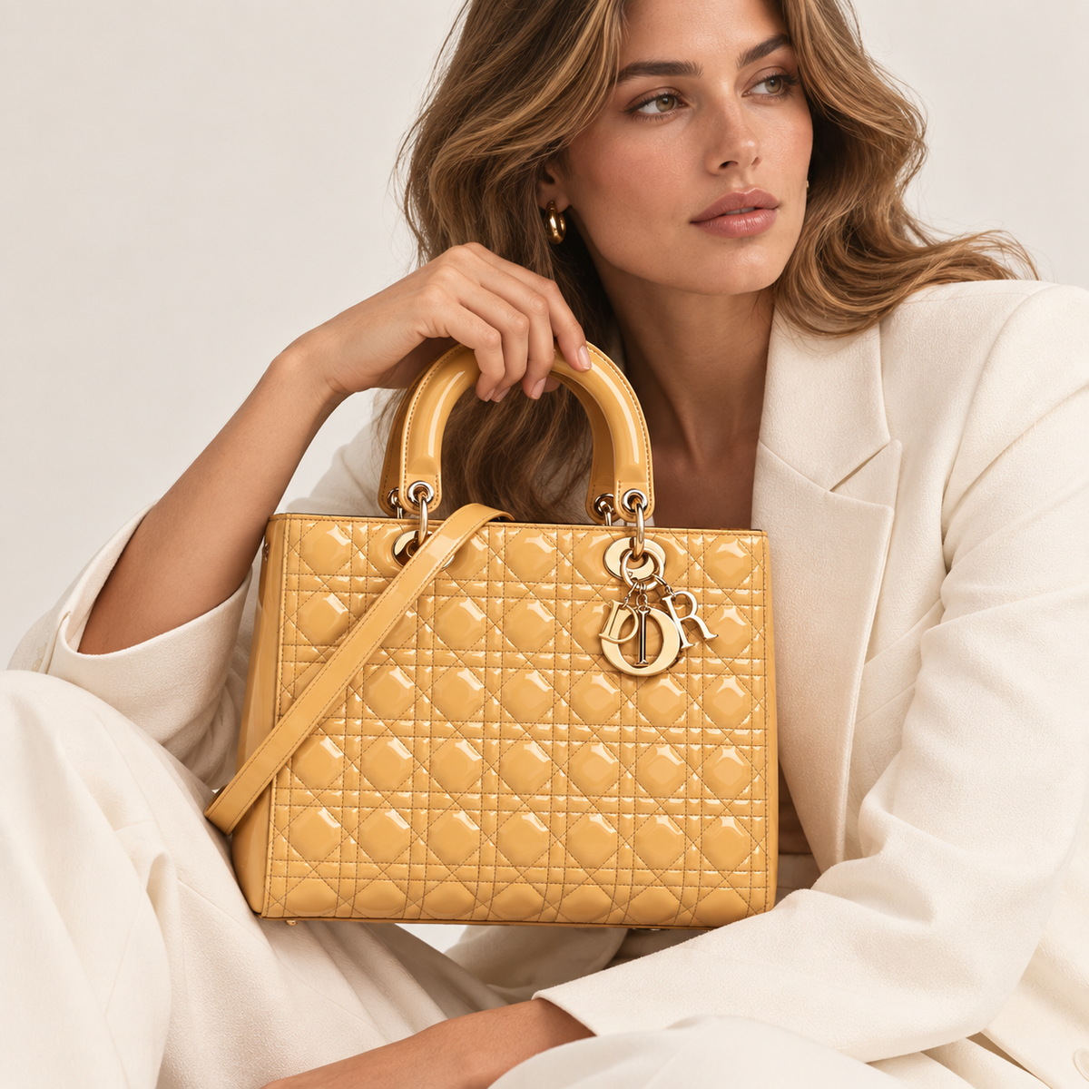 Dior Large Lady Dior, Beige Patent Cannage Leather, Gold-Tone Hardware | Shop Authentique Lux