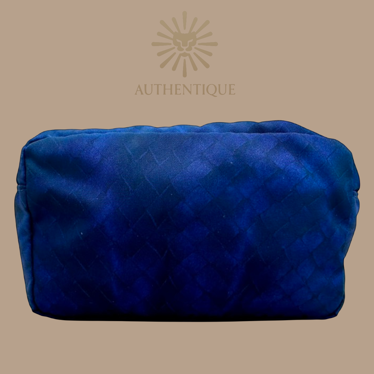 Bottega Veneta Intrecciolusion Pouch in Navy Blue Nylon with Printed Intrecciato Weave and Leather Pull Tab