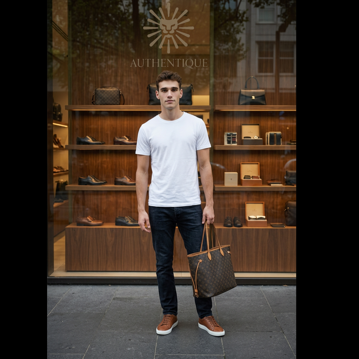 Model wearing Louis Vuitton Monogram Neverfull GM in brown coated canvas with brass hardware — Authentique Lux | 100% Authenticated