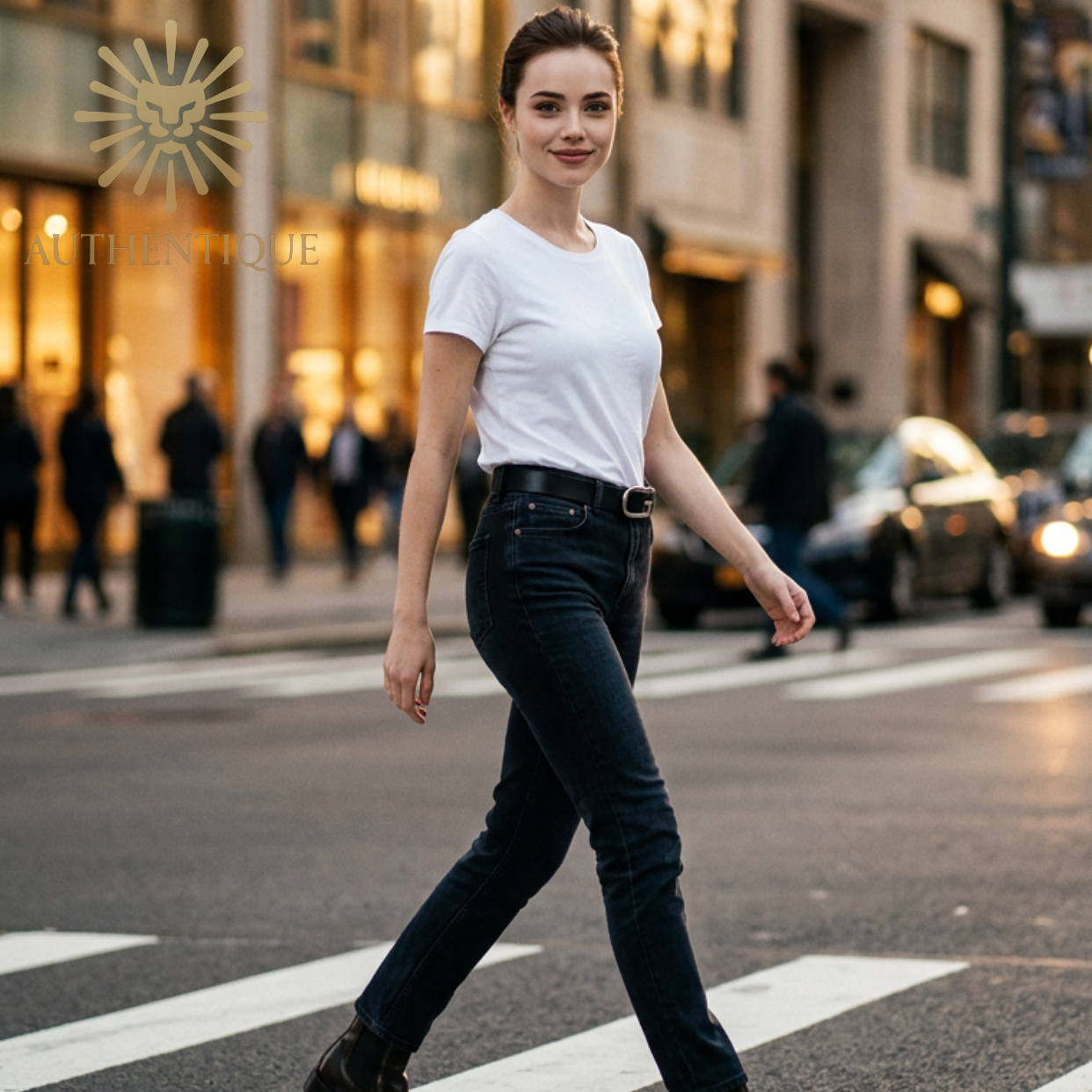 Model wearing Gucci Ref. 277380 Skinny Black Leather Belt | Silver G Buckle | Size 80/32