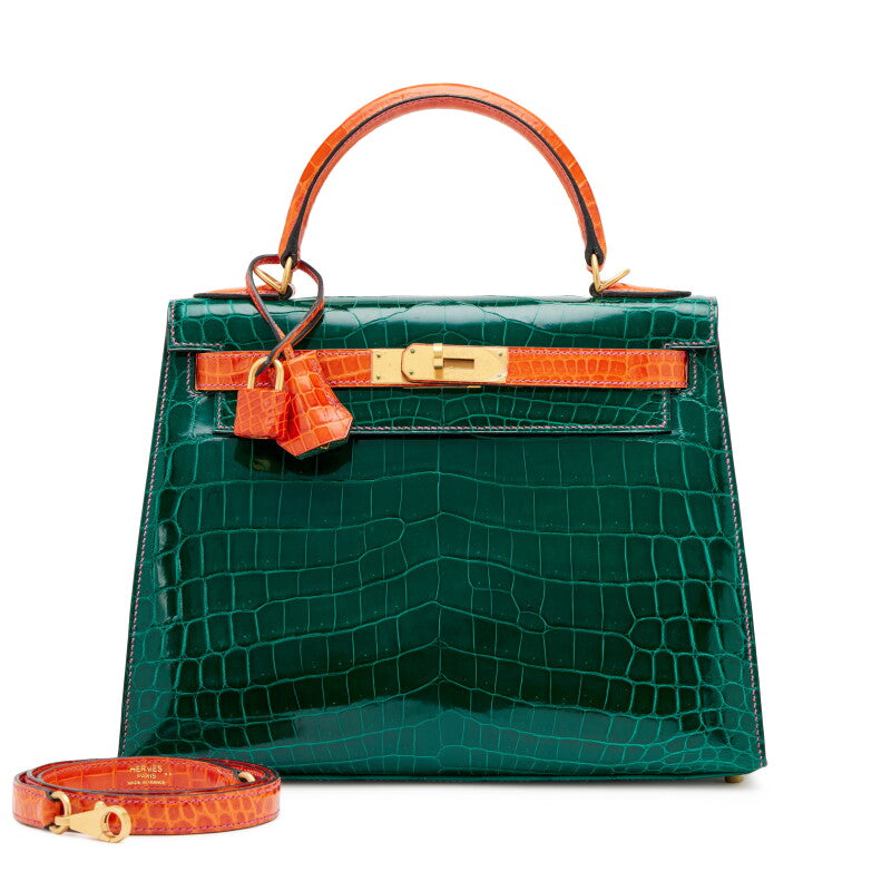 Hermès Vert Emeraude and Orange Shiny Niloticus Crocodile Sellier HSS Kelly 28 Brushed Gold Hardware, 2014 | Shop Authentique Lux