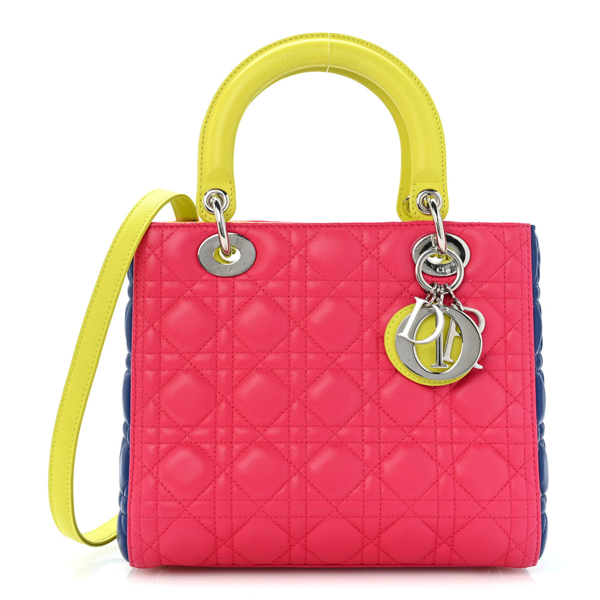 Dior Large Lady Dior Bag in Pink, Yellow and Blue Cannage Lambskin with Silver-Tone Hardware | Shop