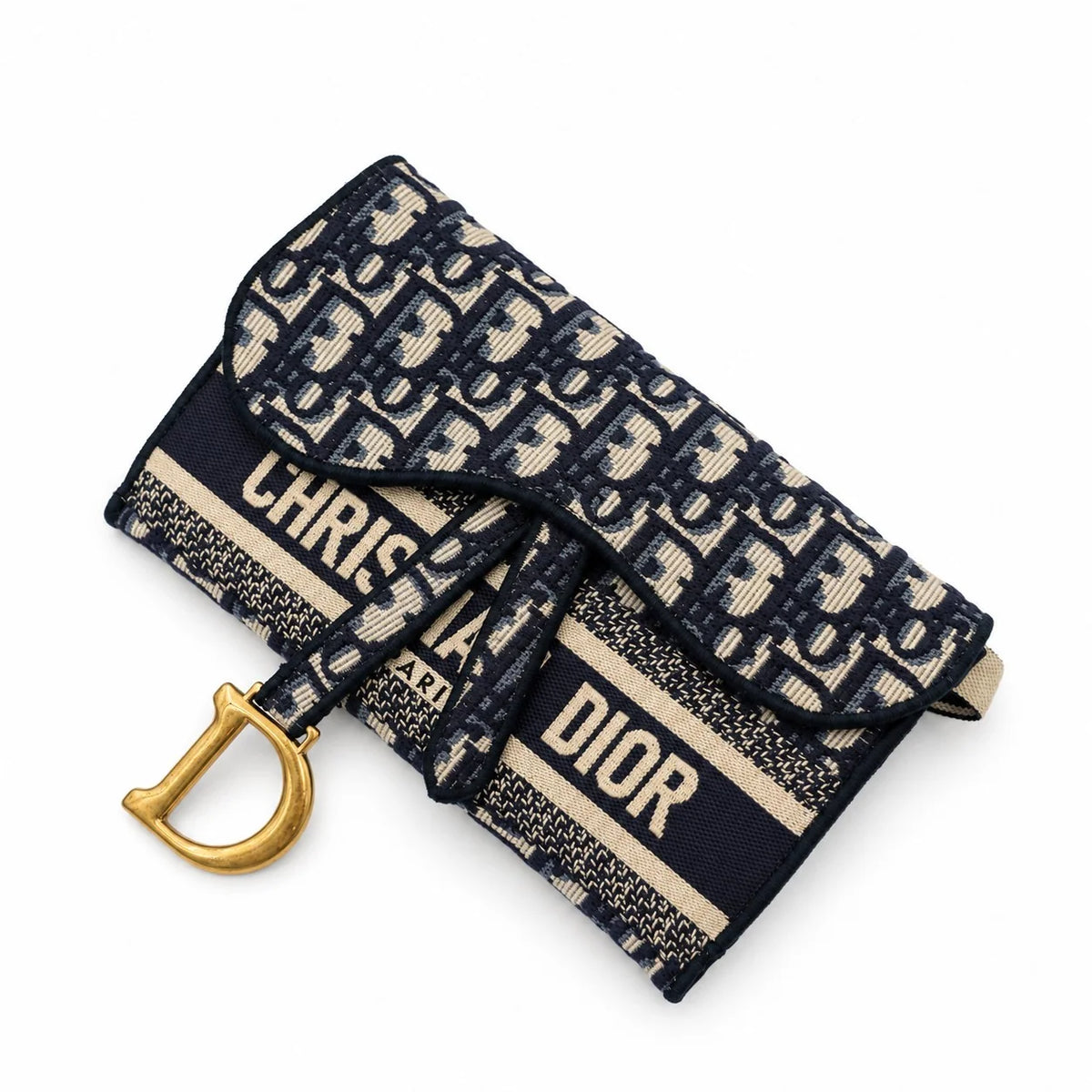 DIOR Navy Beige Oblique Canvas Saddle Chain Pouch, Gold-Tone Hardware | Shop Authentique Lux