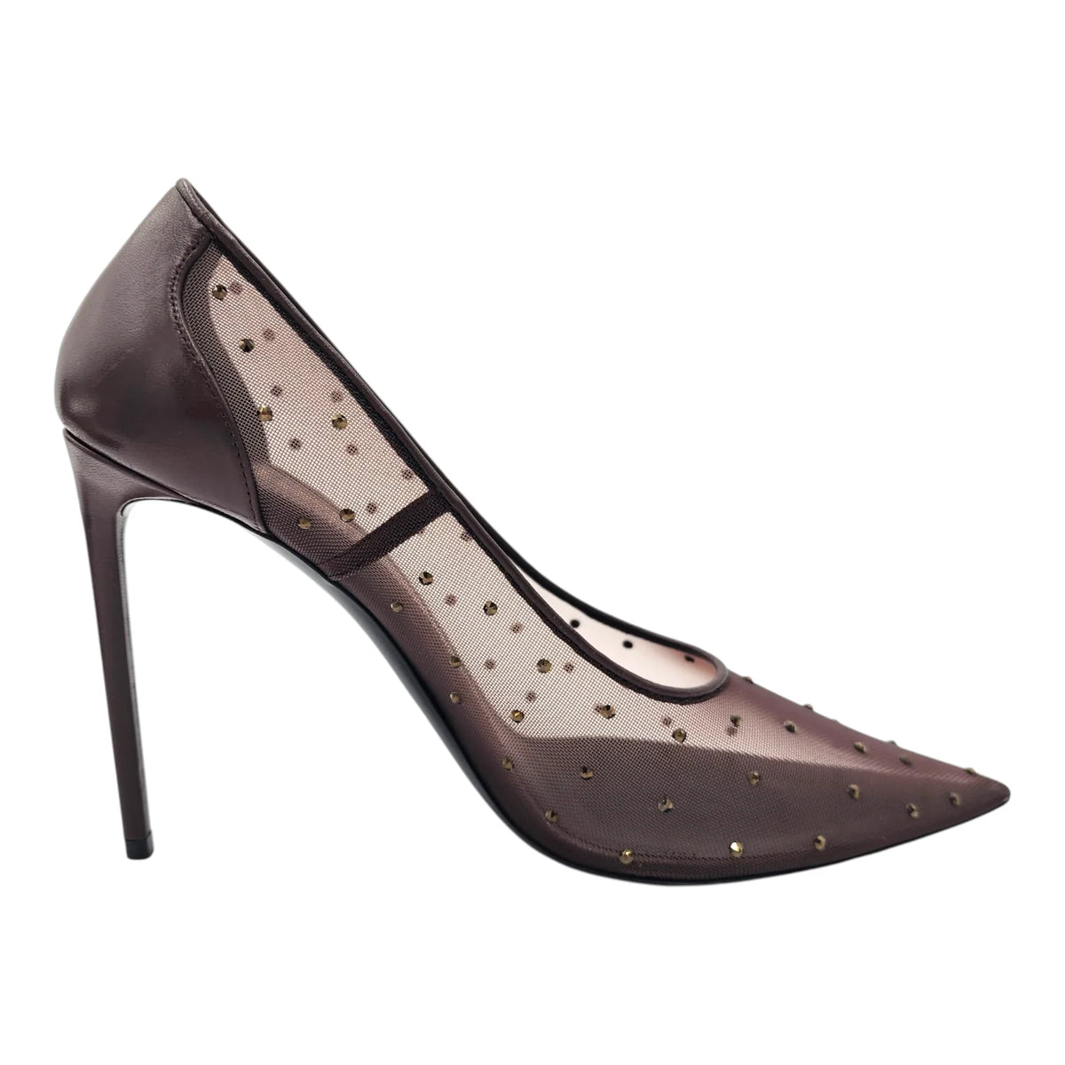 SAINT LAURENT Anja 105 Deep Brown Rhinestone Mesh Pumps, Size 38.5 | Shop Authentique Lux