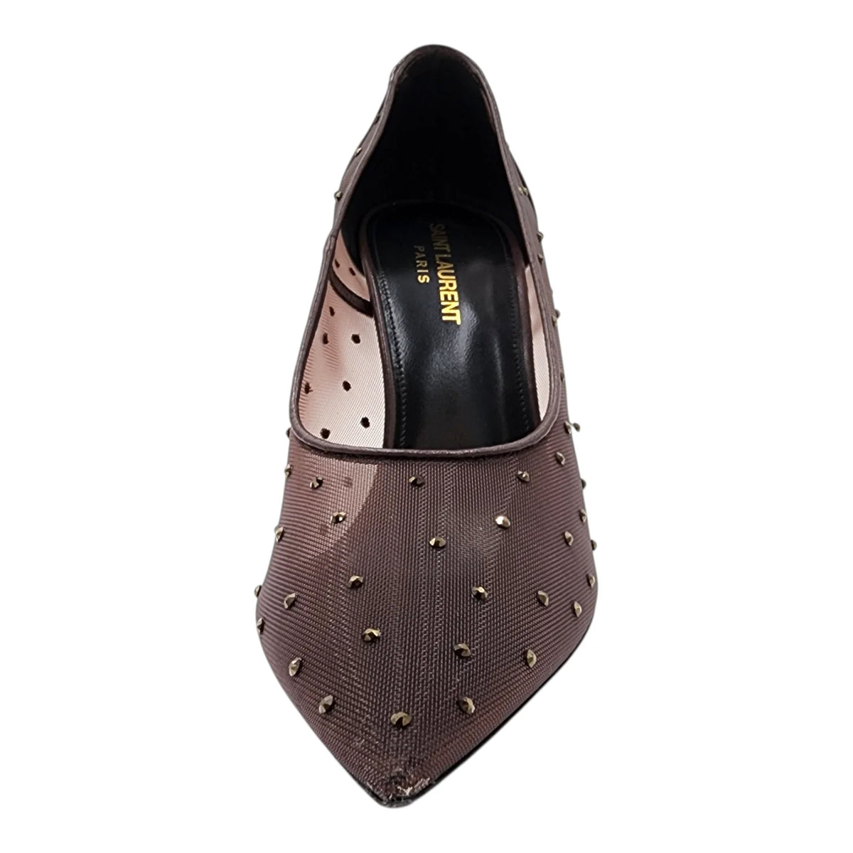 SAINT LAURENT Anja 105 Deep Brown Rhinestone Mesh Pumps, Size 38.5 | Shop Authentique Lux