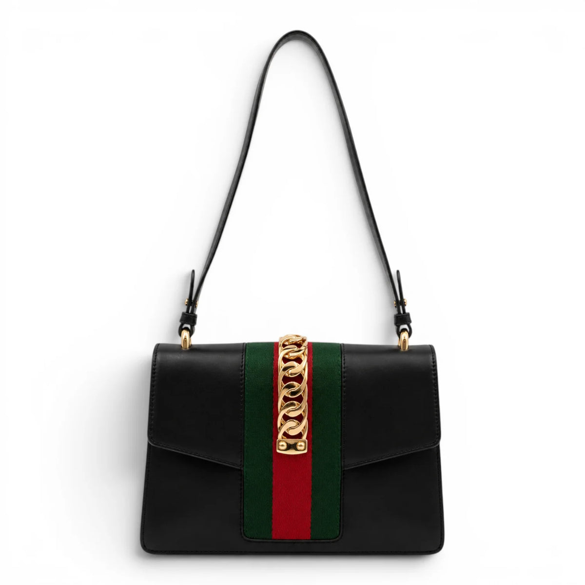 GUCCI Small Sylvie Shoulder Bag, Black Calfskin, Gold-Tone Hardware | Shop Authentique Lux