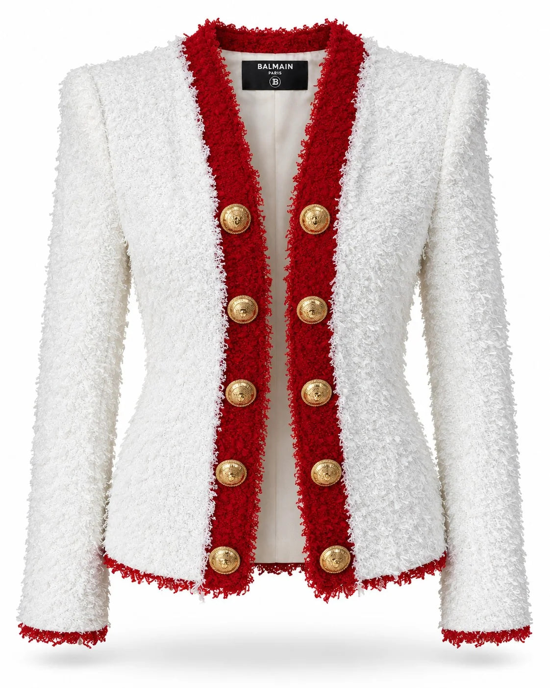 BALMAIN tweed jacket, angled front view with red trim | Shop Authentique Lux