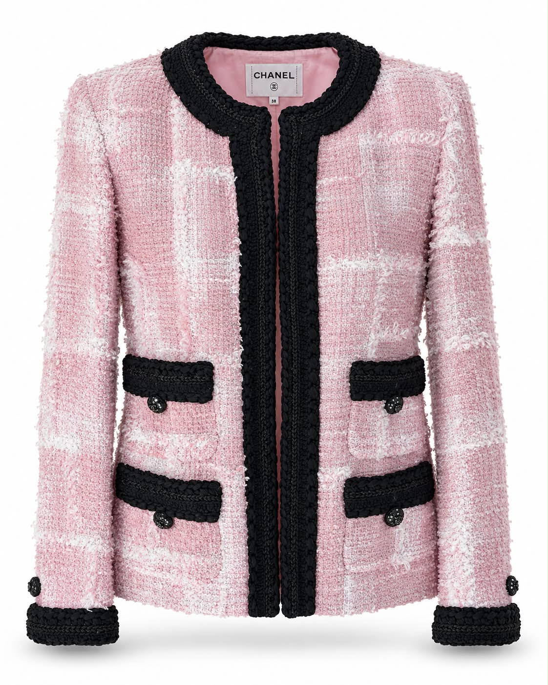 CHANEL pink and white tweed jacket, black pocket trim and button detail | Shop Authentique Lux