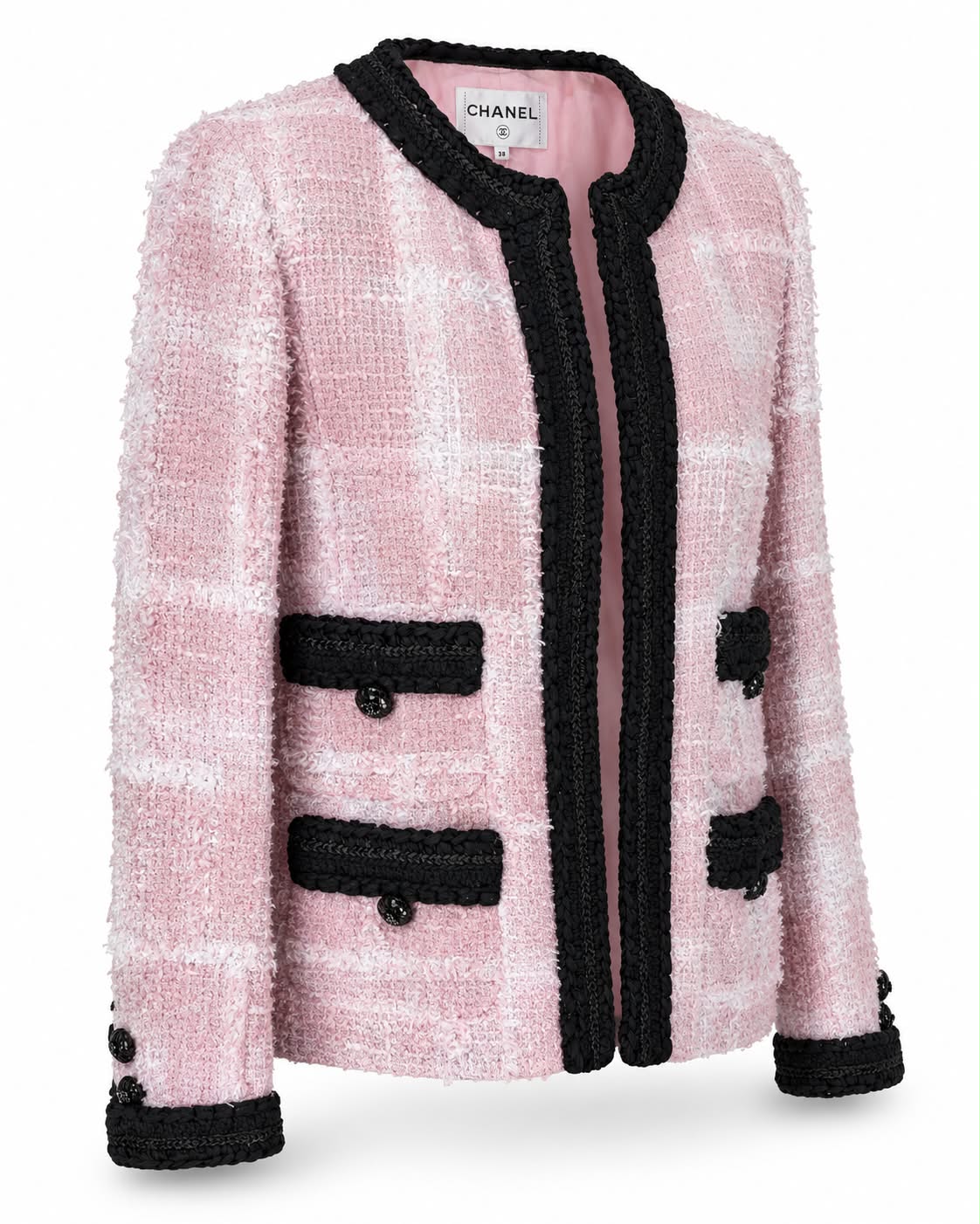 CHANEL Globe Collection pink tweed jacket with black trim, front view | Shop Authentique Lux