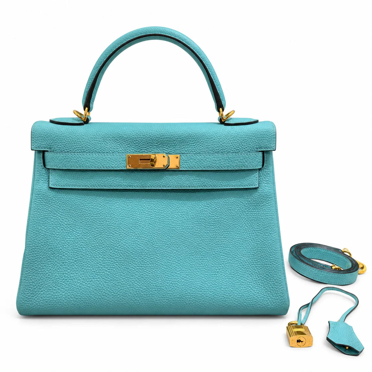 HERMÈS Bleu Atoll Togo Kelly 32, Gold Hardware, 2015 | Shop Authentique Lux