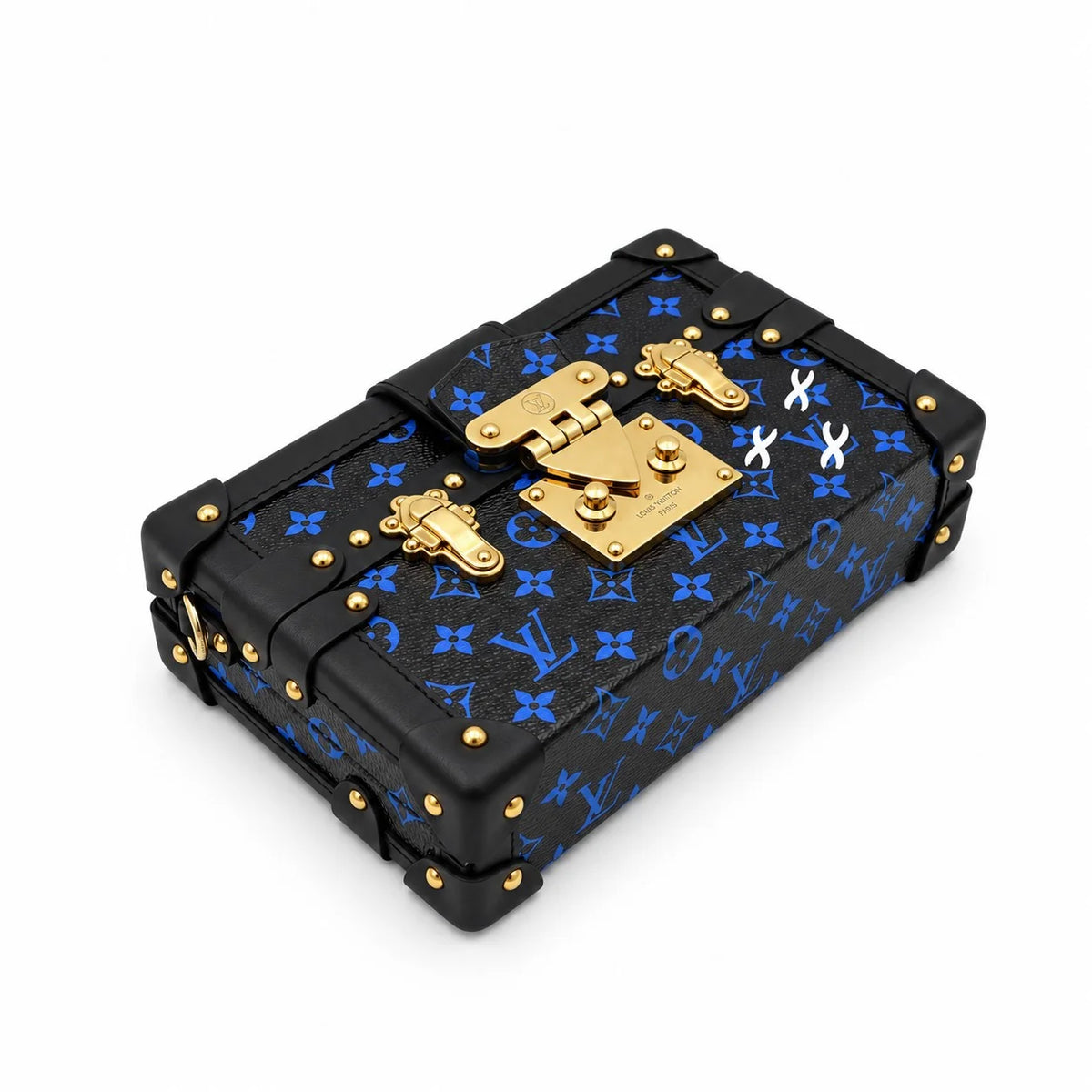 LOUIS VUITTON Petite Malle Black Blue elevated view and gold-tone hardware | Shop Authentique Lux