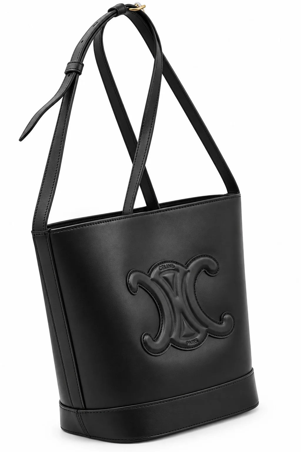 CELINE Triomphe Bucket Bag, Black Leather, Gold-Tone Hardware | Shop Authentique Lux