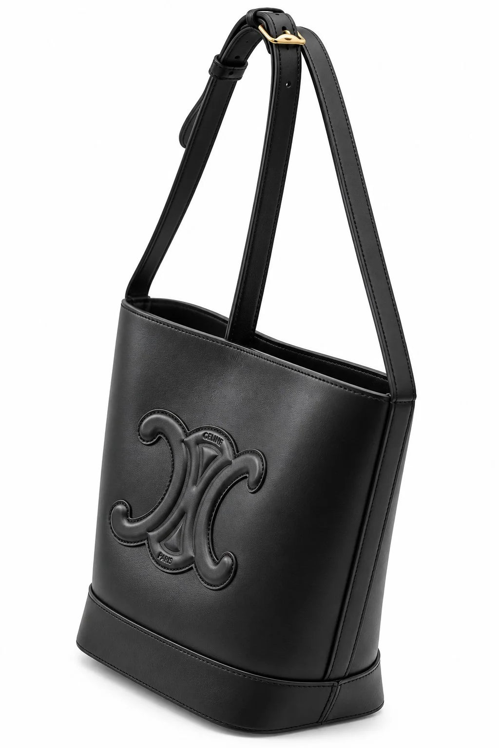 CELINE Triomphe Bucket Bag, Black Leather, Gold-Tone Hardware | Shop Authentique Lux