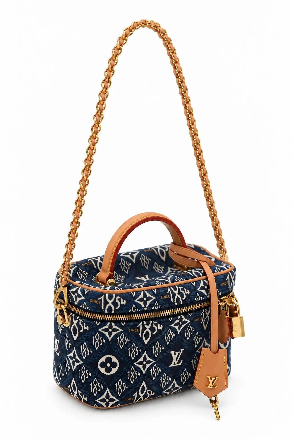 Louis Vuitton blue Since 1854 Vanity bag angled view and padlock | Shop Authentique Lux
