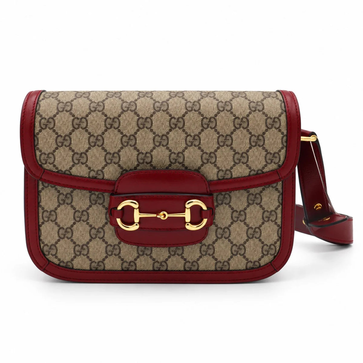 GUCCI Horsebit 1955 Shoulder Bag, Beige GG Supreme Canvas, Red Leather, Gold-Tone Hardware | Shop Authentique Lux