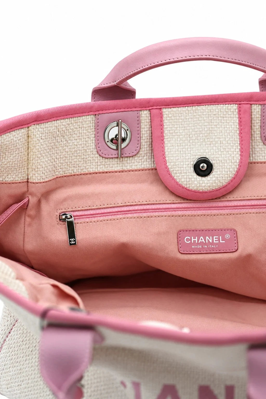CHANEL Deauville Tote, Beige and Pink Canvas, Silver-Tone Hardware | Shop Authentique Lux