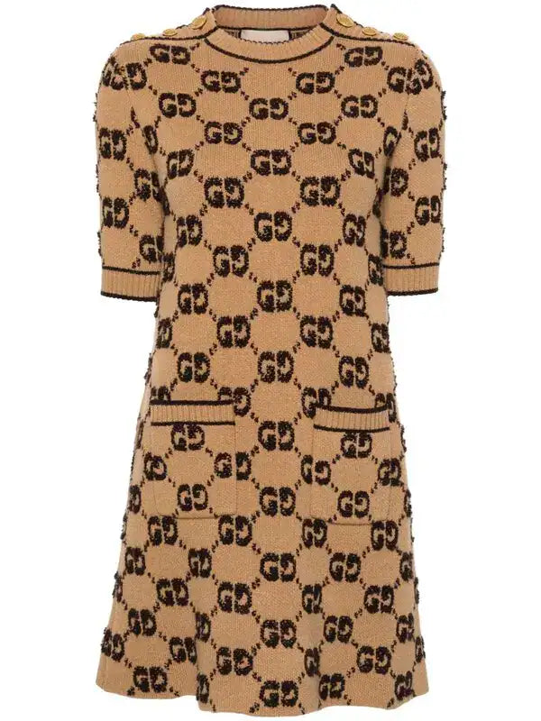 GUCCI Brown GG Wool Knit Dress with Gold-Tone Buttons | Shop Authentique Lux