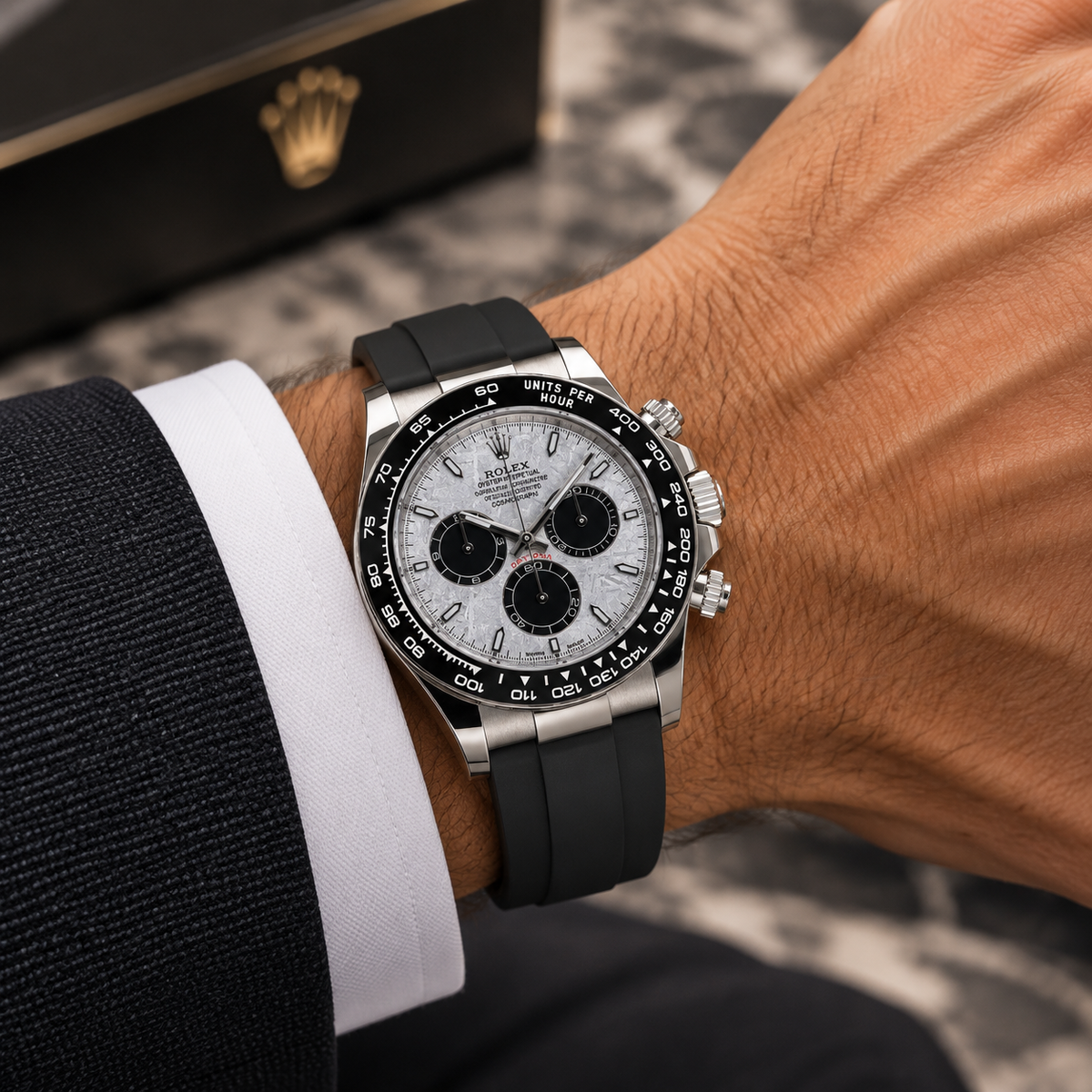 ROLEX Cosmograph Daytona 126519LN, Silver Meteorite Dial, 18K White Gold, Oysterflex, Full Set, 2026 | Shop Authentique Lux