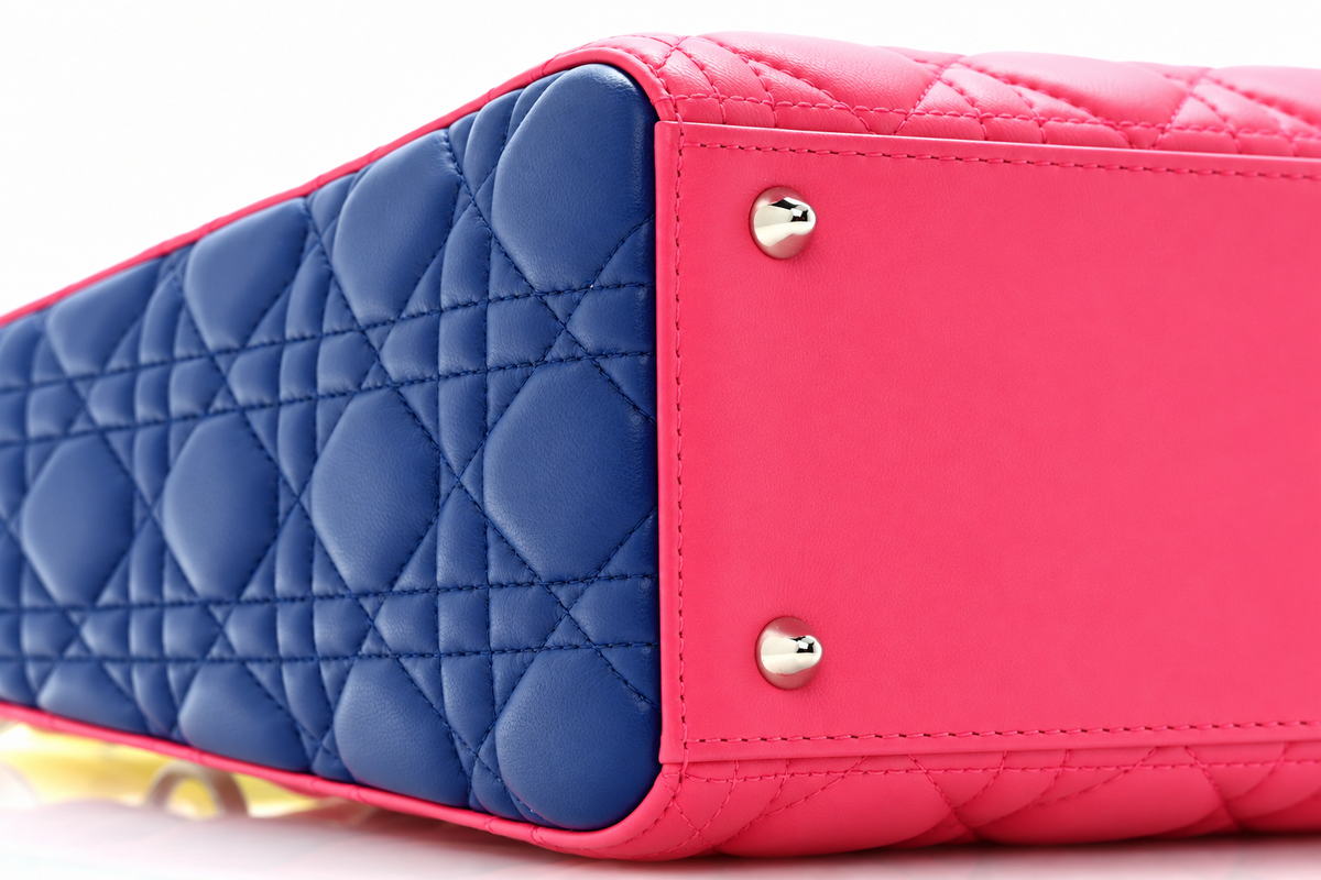 Dior Large Lady Dior Bag in Pink, Yellow and Blue Cannage Lambskin with Silver-Tone Hardware | Shop