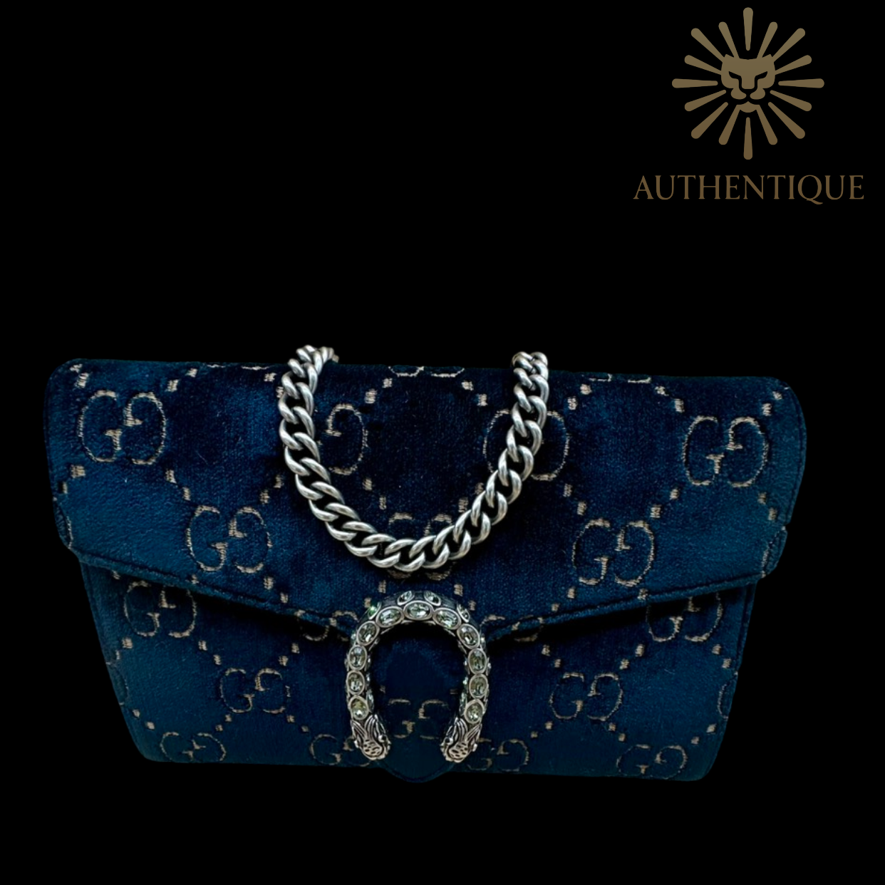 Gucci Dionysus Mini Chain Wallet in Navy Blue Velvet Crystal GG – Available at Authentique Lux