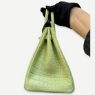 HERMÈS Birkin 25, Matte Crocodile, R9 Tender Sprout Green / Vert Criquet, Palladium Hardware, 2021 | Shop Authentique Lux