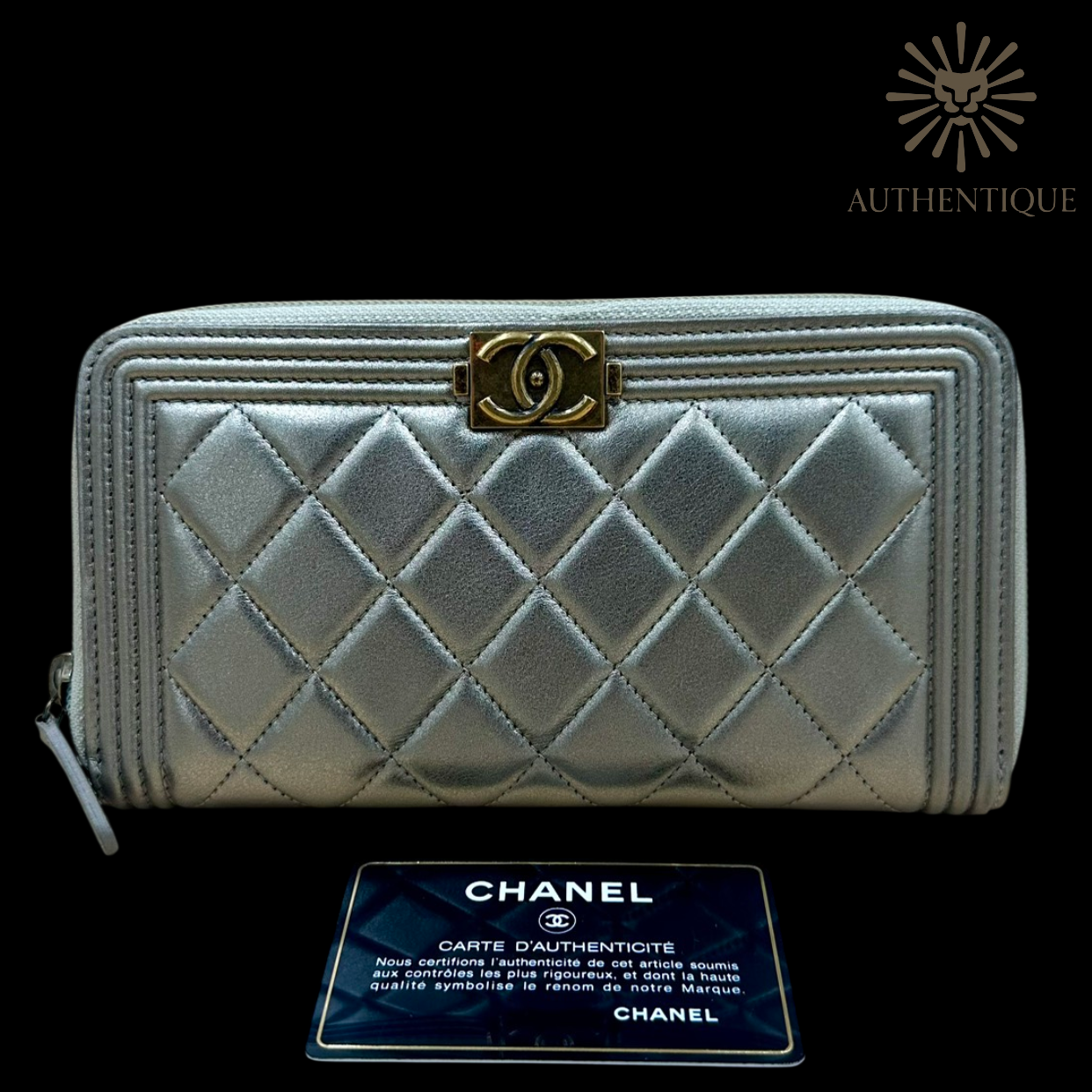 Chanel Boy Chevron Quilted Metallic Gold Leather Continental Wallet – Available at Authentique Lux