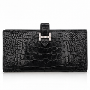Hermès Béarn Long Wallet Alligator Leather in Noir with Aftermarket Natural Diamond H Clasp, X Stamp, 2021