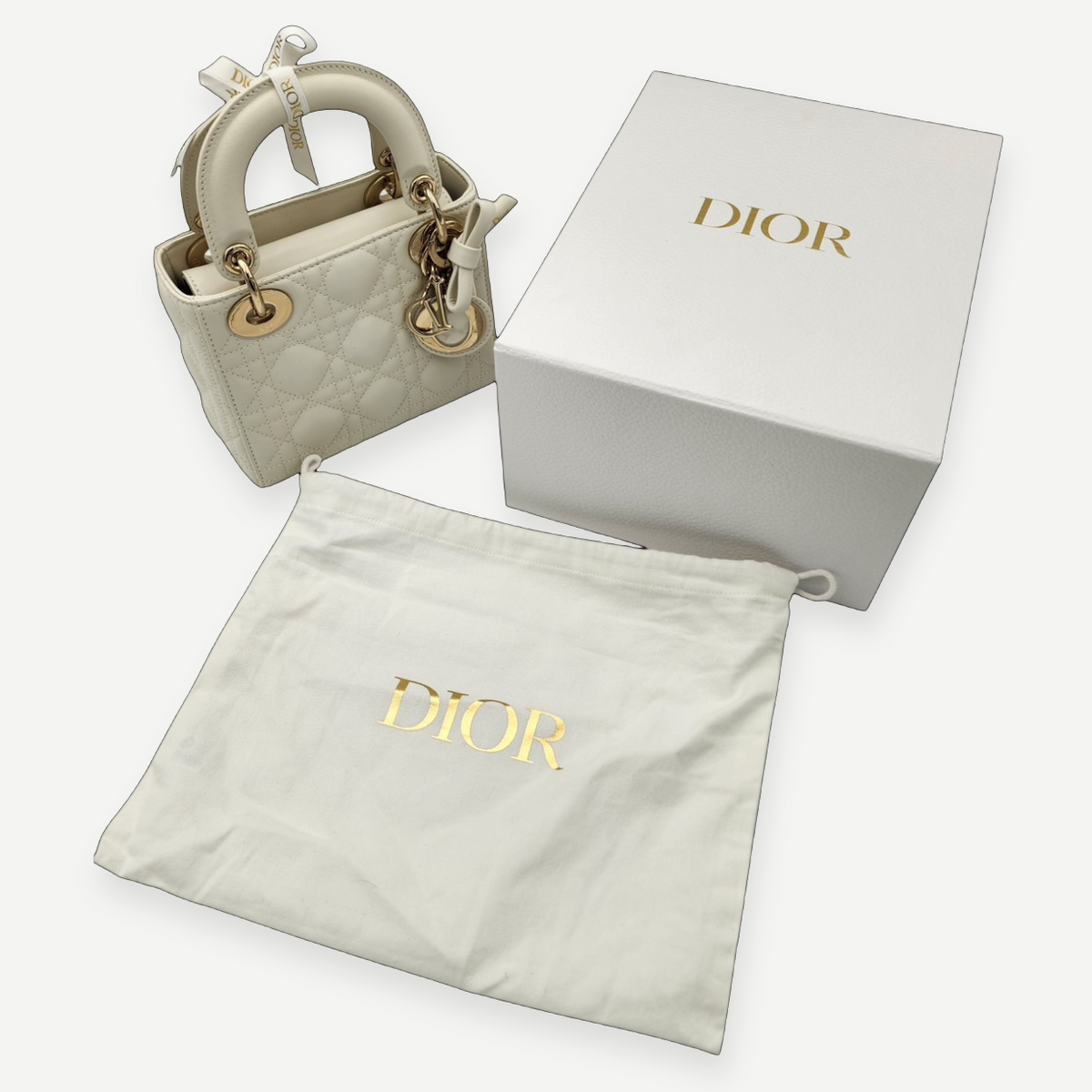Christian Dior Mini Lady Dior Bag with Chain in Latte Cannage Lambskin, Full Set, 2026 | Shop Authentique Lux