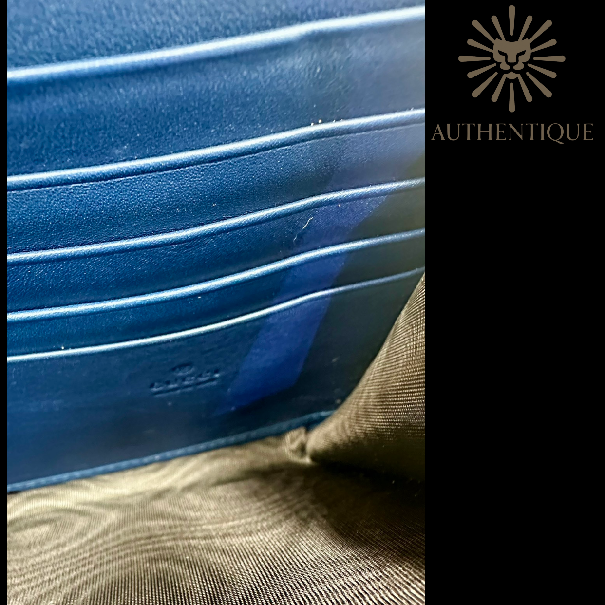 Inside of Gucci Dionysus Mini Chain Wallet in Navy Blue Velvet Crystal GG – Available at Authentique Lux