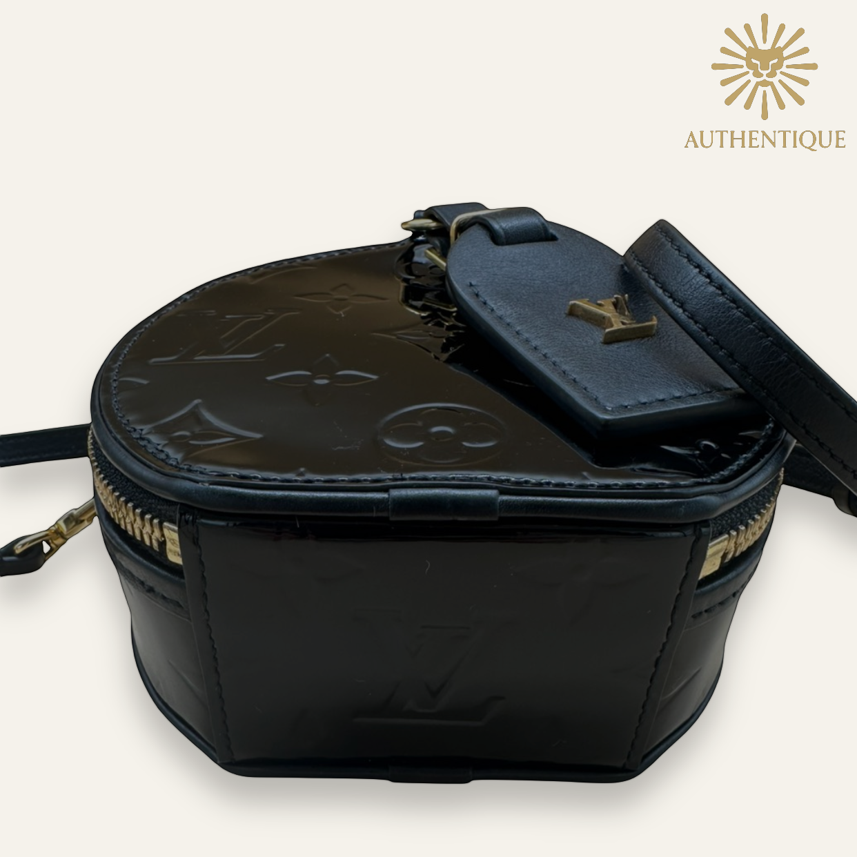 Bottom of Louis Vuitton Mini Boite Chapeau Black Monogram Vernis Patent Leather | Shop Authentique Lux