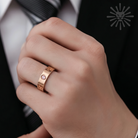 Model wearing Cartier Classic 5.5mm Wide Love Ring 18K Rose Gold Pink Sapphire 8.5g