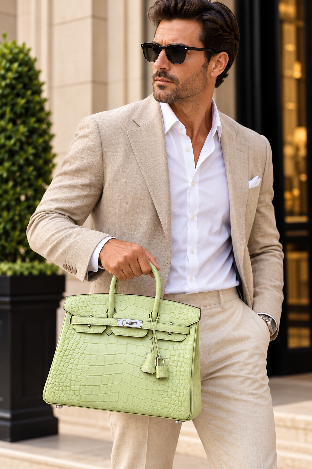 HERMÈS Birkin 25, Matte Crocodile, R9 Tender Sprout Green / Vert Criquet, Palladium Hardware, 2021 | Shop Authentique Lux