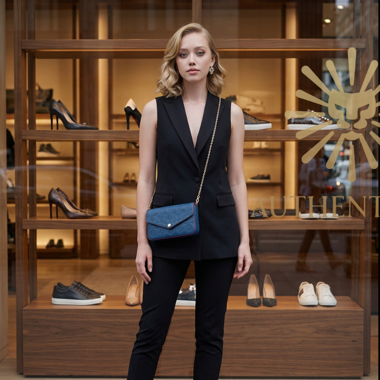 Model wearing Louis Vuitton Marine Rouge Empreinte Pochette Felicie Chain Wallet - 2-Piece Set