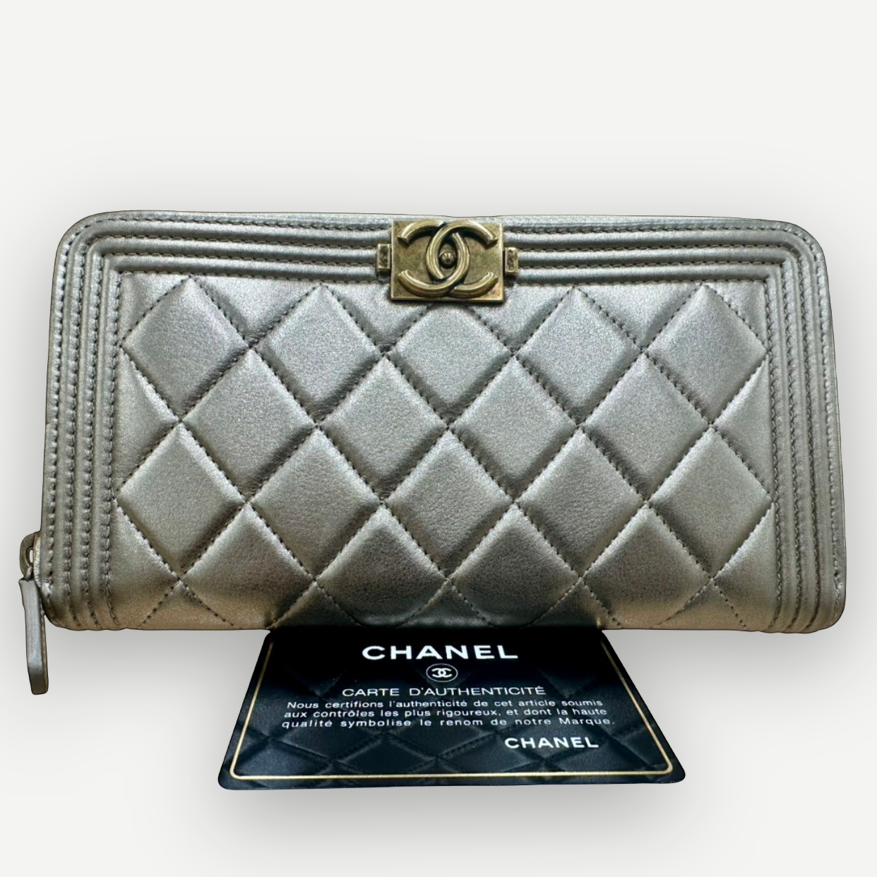 Chanel Boy Chevron Quilted Metallic Gold Leather Continental Wallet | Shop Authentique Lux