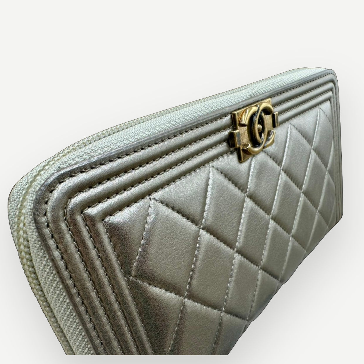 Chanel Boy Chevron Quilted Metallic Gold Leather Continental Wallet | Shop Authentique Lux