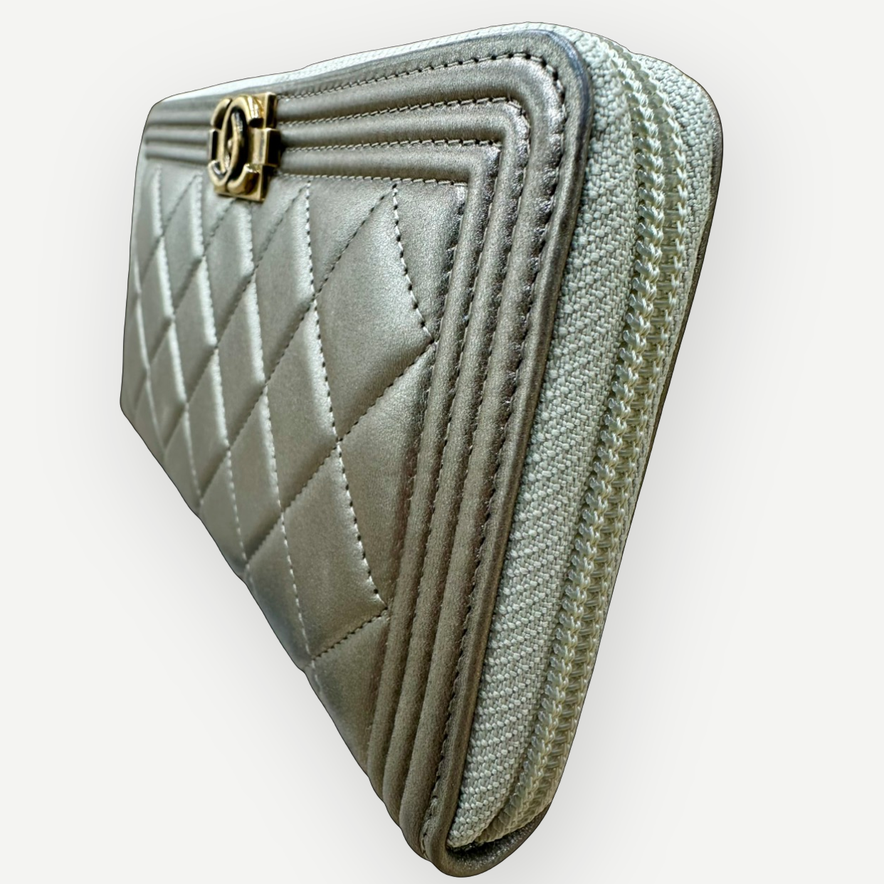 Chanel Boy Chevron Quilted Metallic Gold Leather Continental Wallet | Shop Authentique Lux