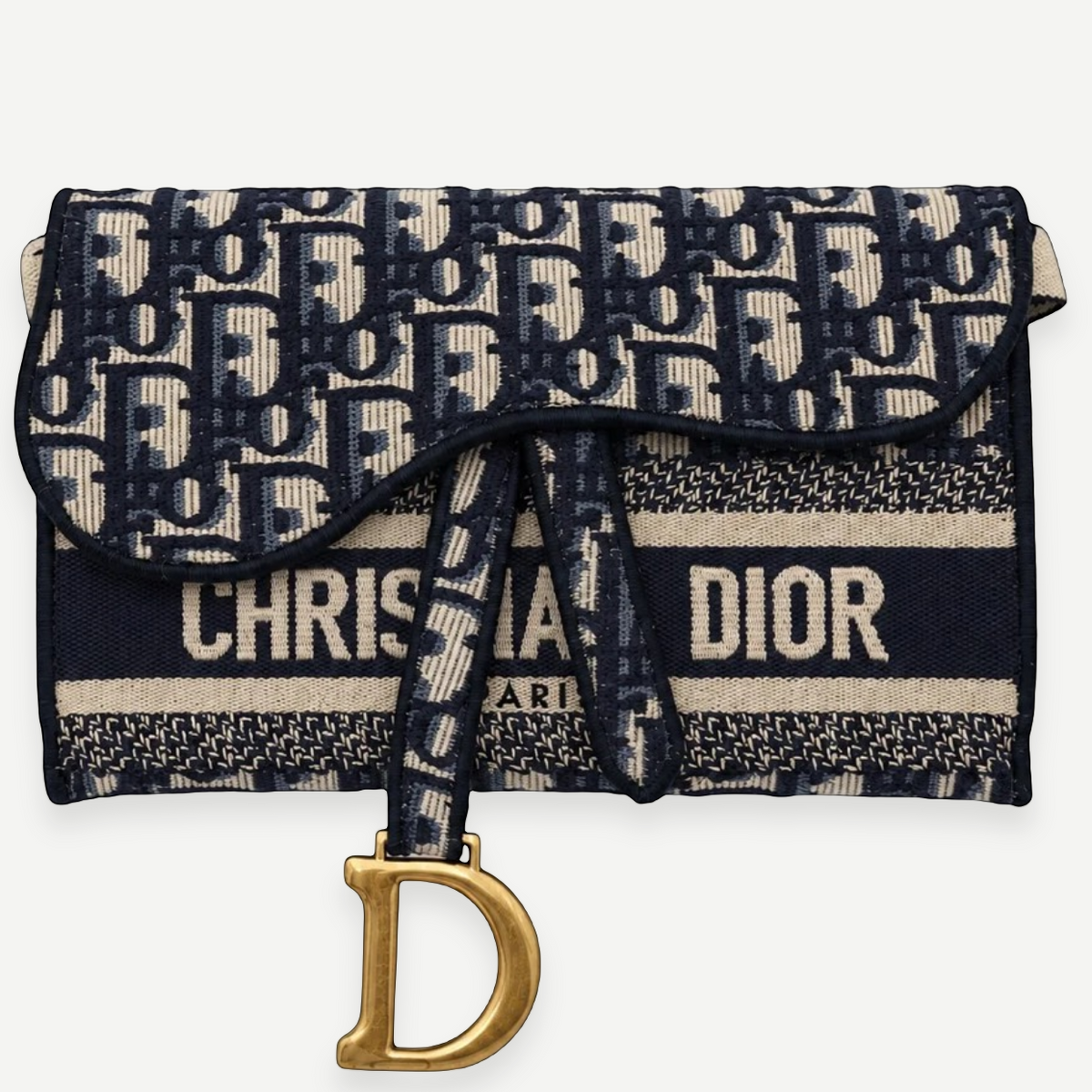 DIOR Navy Beige Oblique Canvas Saddle Chain Pouch, Gold-Tone Hardware | Shop Authentique Lux