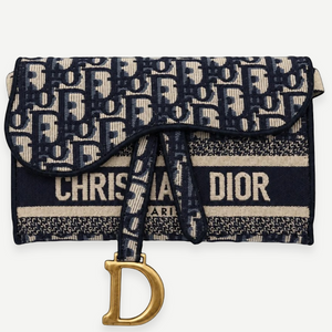 DIOR Navy Beige Oblique Canvas Saddle Chain Pouch, Gold-Tone Hardware