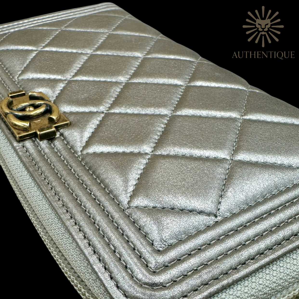 Chanel Boy Chevron Quilted Metallic Gold Leather Continental Wallet – Available at Authentique Lux