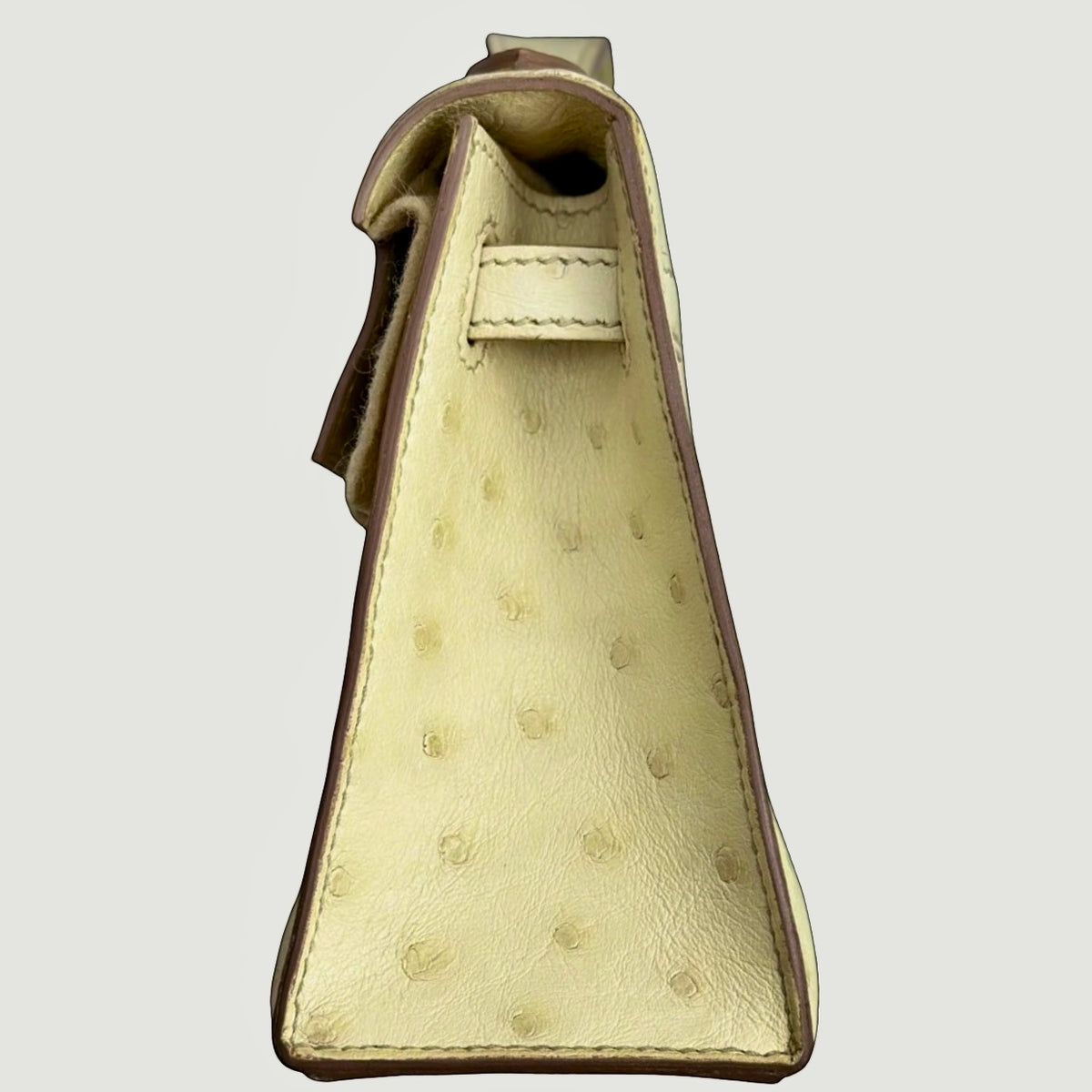 HERMÈS Beton ostrich Mini Kelly Pochette, front view with gold hardware | Shop Authentique Lux