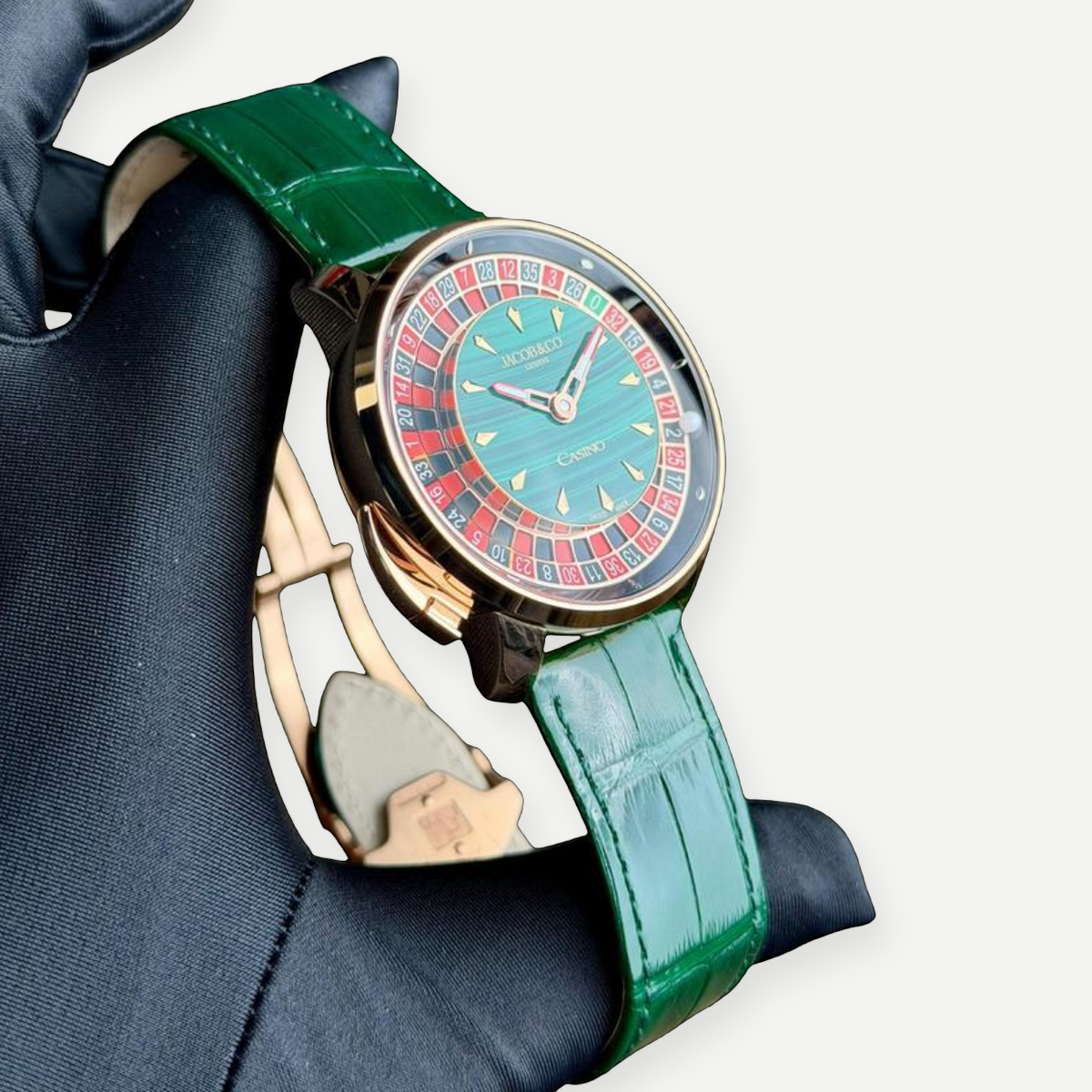 JACOB & CO. Casino Tourbillon malachite roulette dial angled view | Shop Authentique Lux