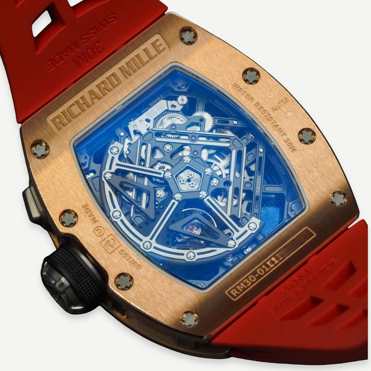 Richard Mille RM 30-01 watch, opposite case profile and red strap | Shop Authentique Lux