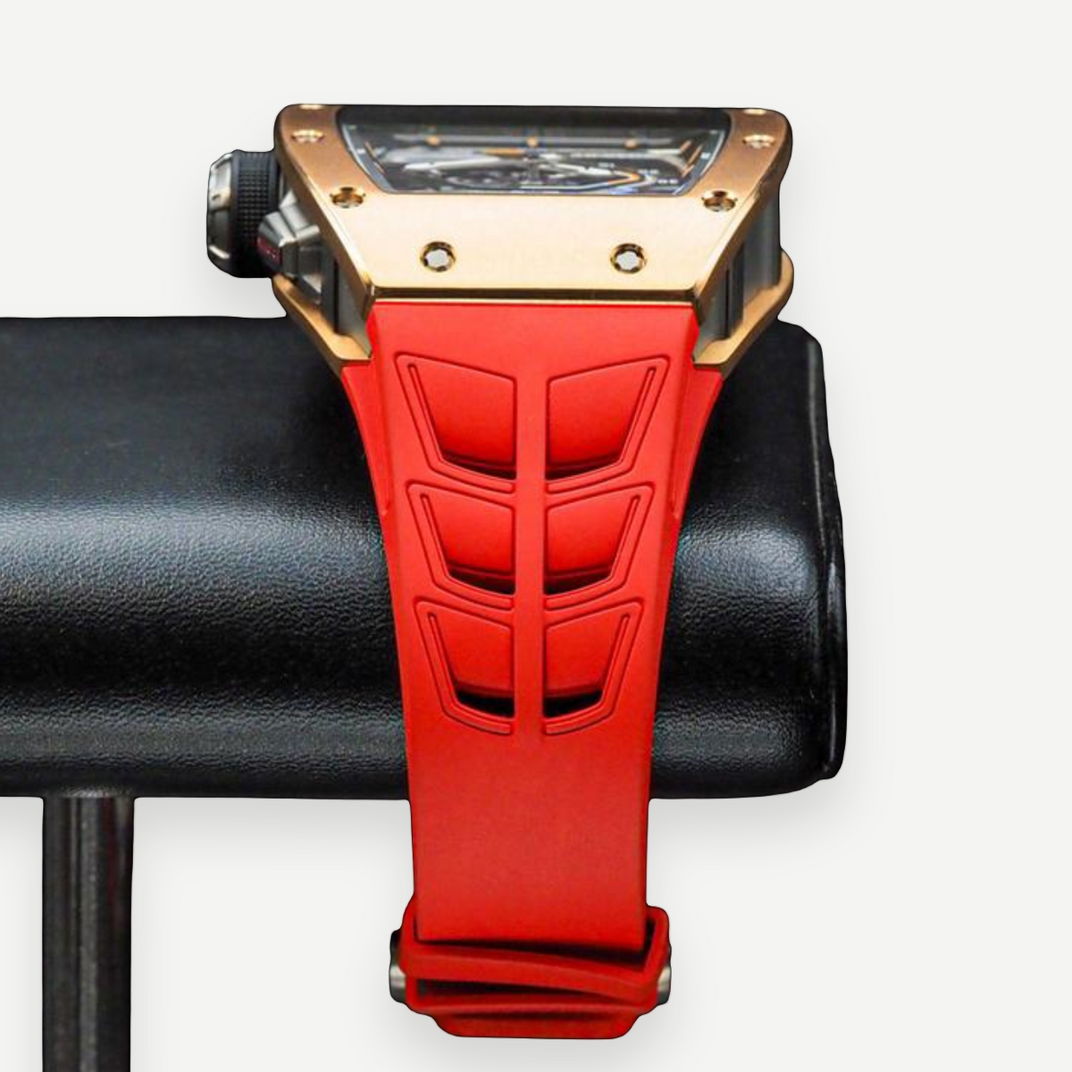 Richard Mille RM 30-01 watch, opposite case profile and red strap | Shop Authentique Lux