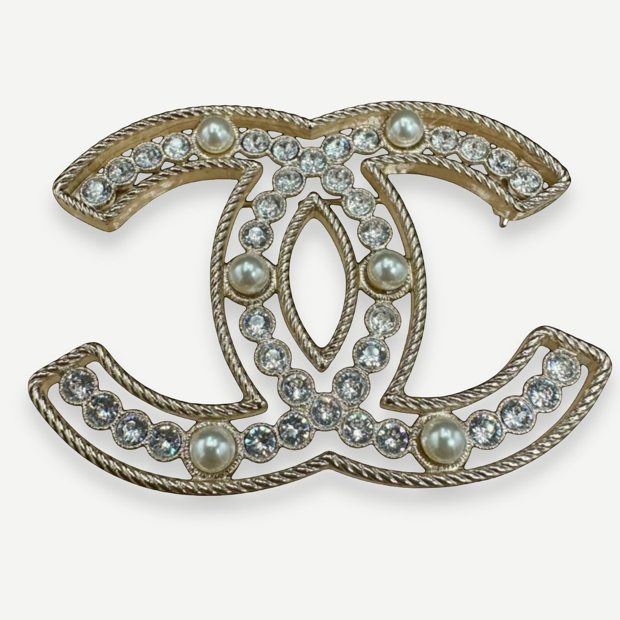 Chanel Classic Interlocking CC Brooch, Crystal & Faux Pearl, Gold-Tone | Shop Authentique Lux